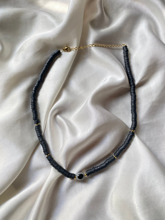 Black evil eye heishi necklace